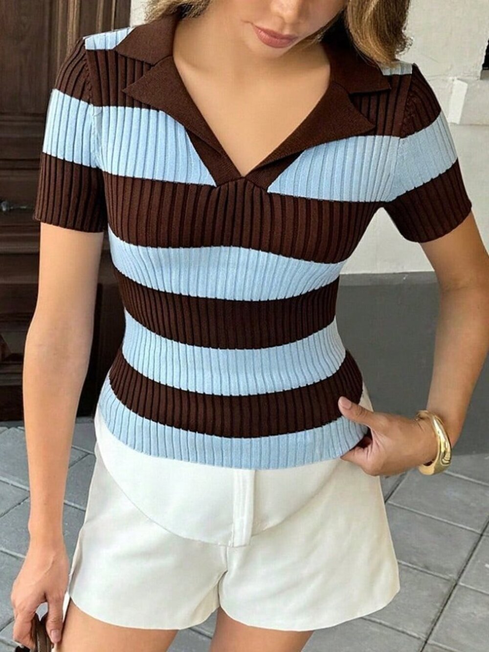 Coffee Brown Street Women's Stripe Polo Collar Knit Short Sleeve Blouse - Picture 6 of 6